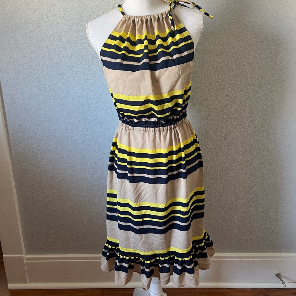 Joe fresh Tan Dress with Navy Blue & Yellow Striped Sleeveless Dress